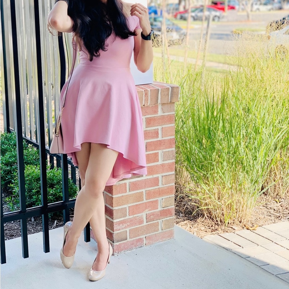 Asymmetric off shoulder pink dress